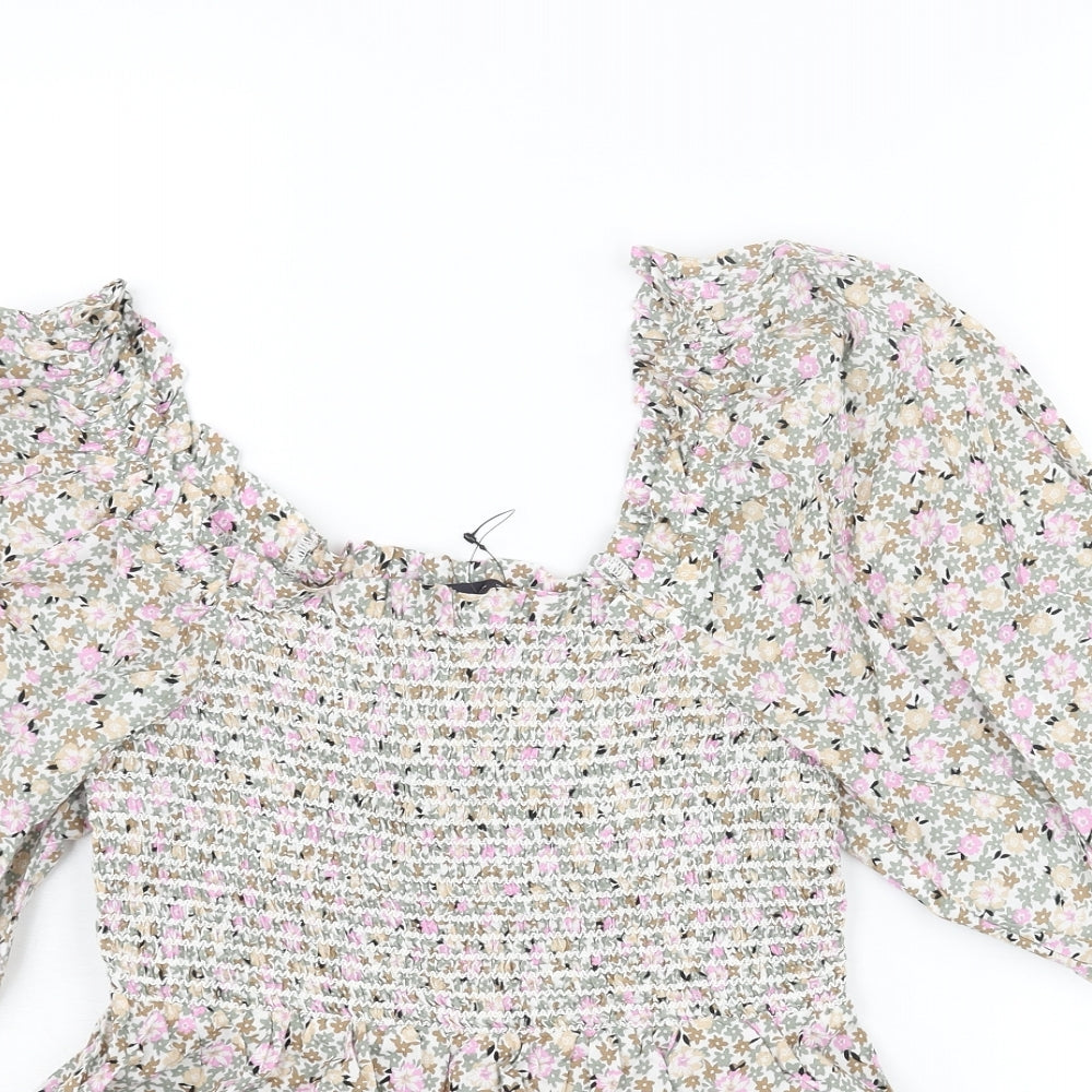 Marks and Spencer Womens Multicoloured Floral Cotton Basic Blouse Size 6 Scoop Neck - Rouched