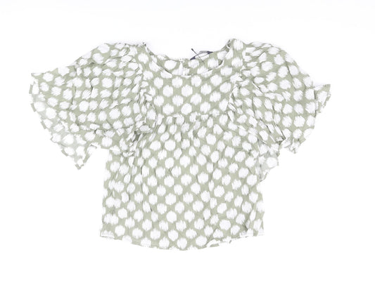 Marks and Spencer Womens Green Geometric Cotton Basic Blouse Size 6 Round Neck - Frill