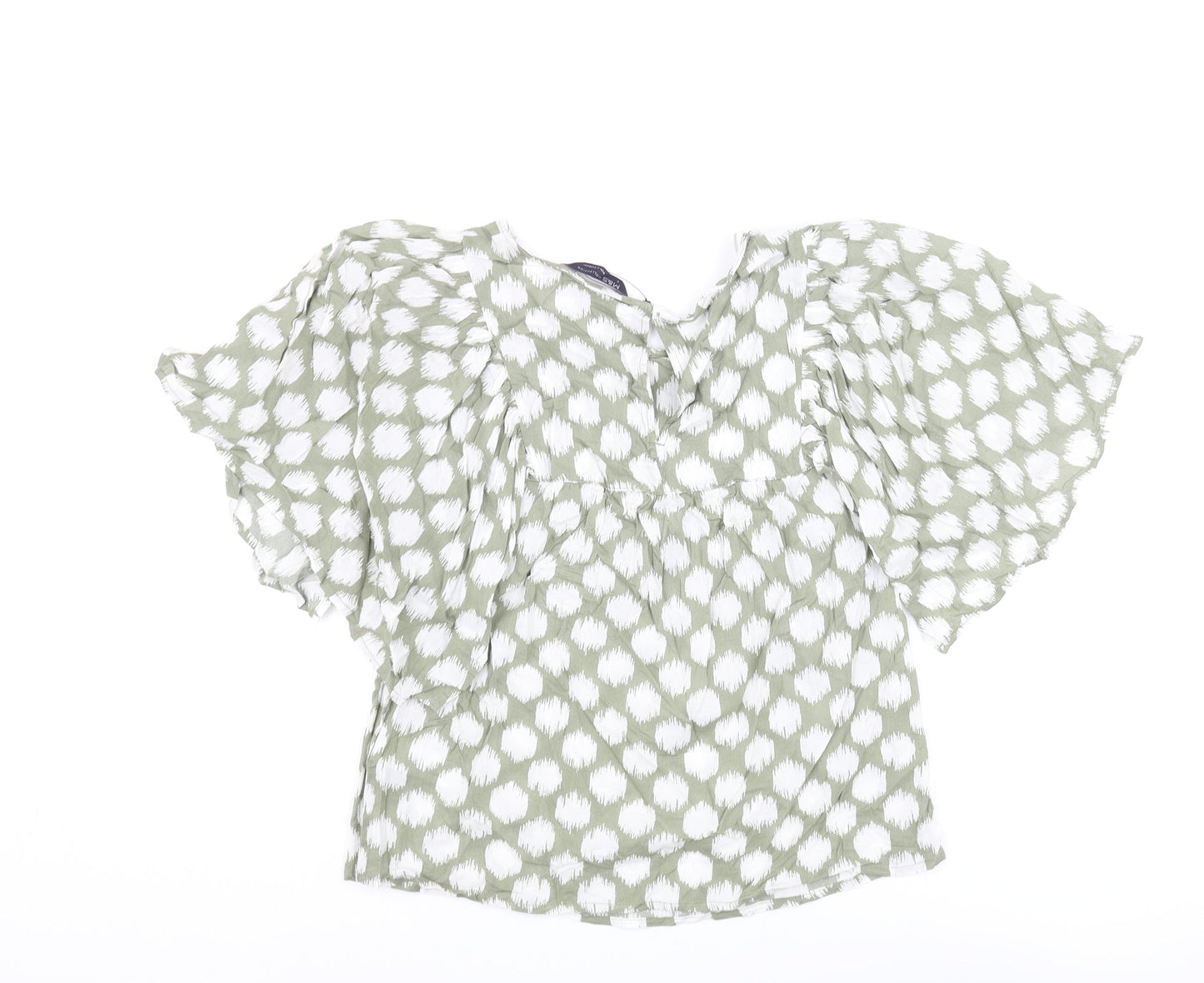 Marks and Spencer Womens Green Geometric Cotton Basic Blouse Size 6 Round Neck - Frill