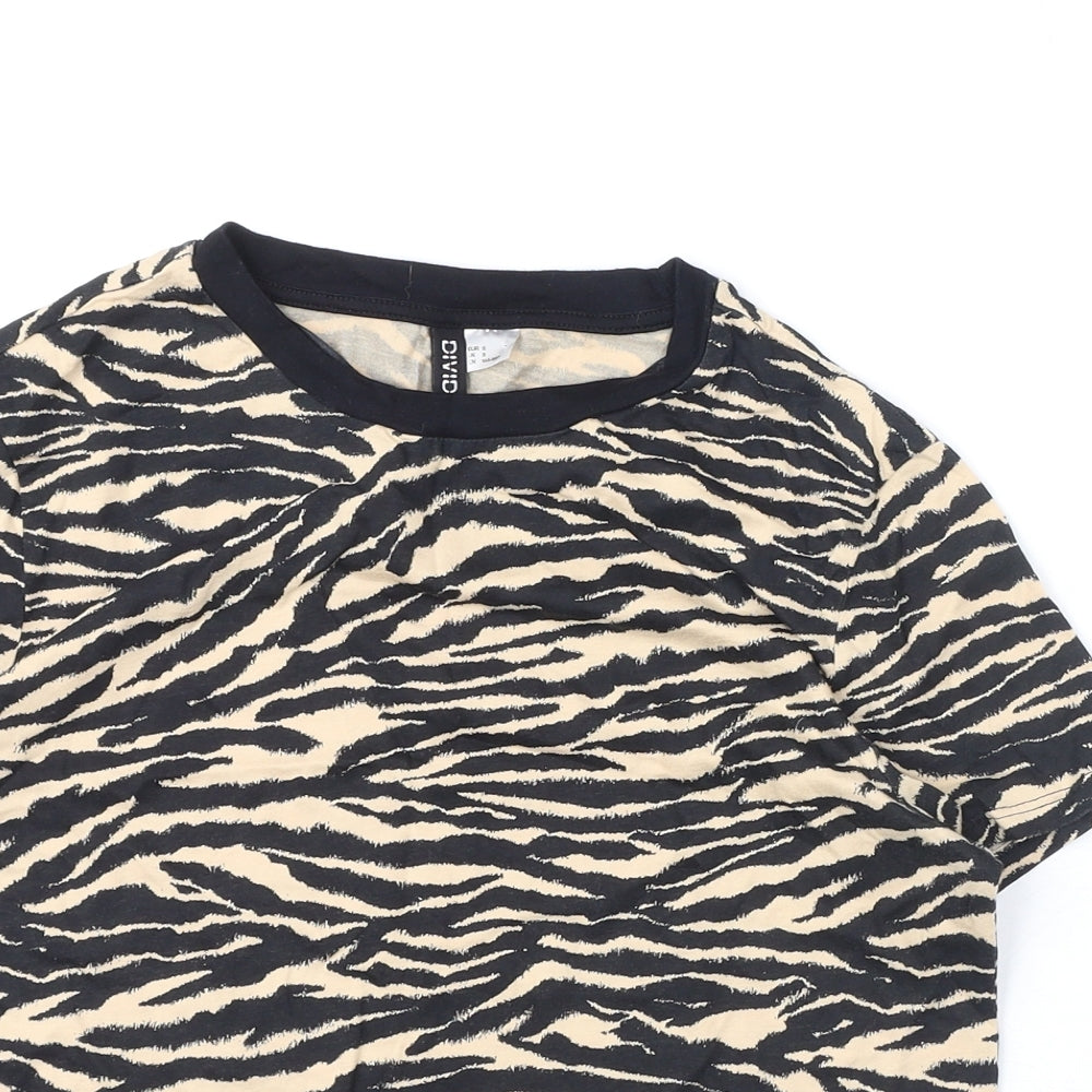 Divided by H&M Womens Black Animal Print 100% Cotton Cropped T-Shirt Size S Round Neck - Tiger Print