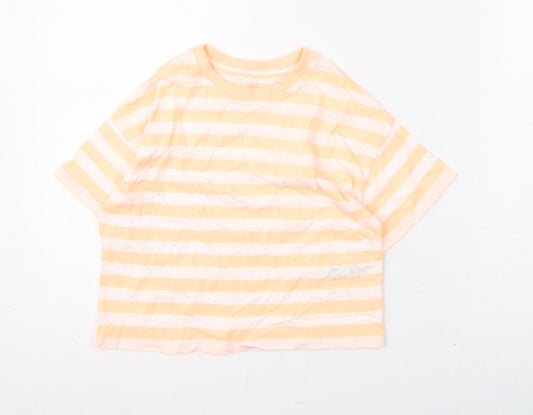 Marks and Spencer Girls Orange Striped Cotton Basic T-Shirt Size 7-8 Years Round Neck Pullover