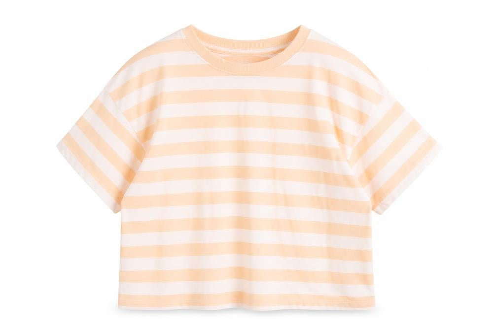 Marks & Spencer Girls Orange Striped Cotton Basic T-Shirt Size 7-8 Years Round Neck Pullover