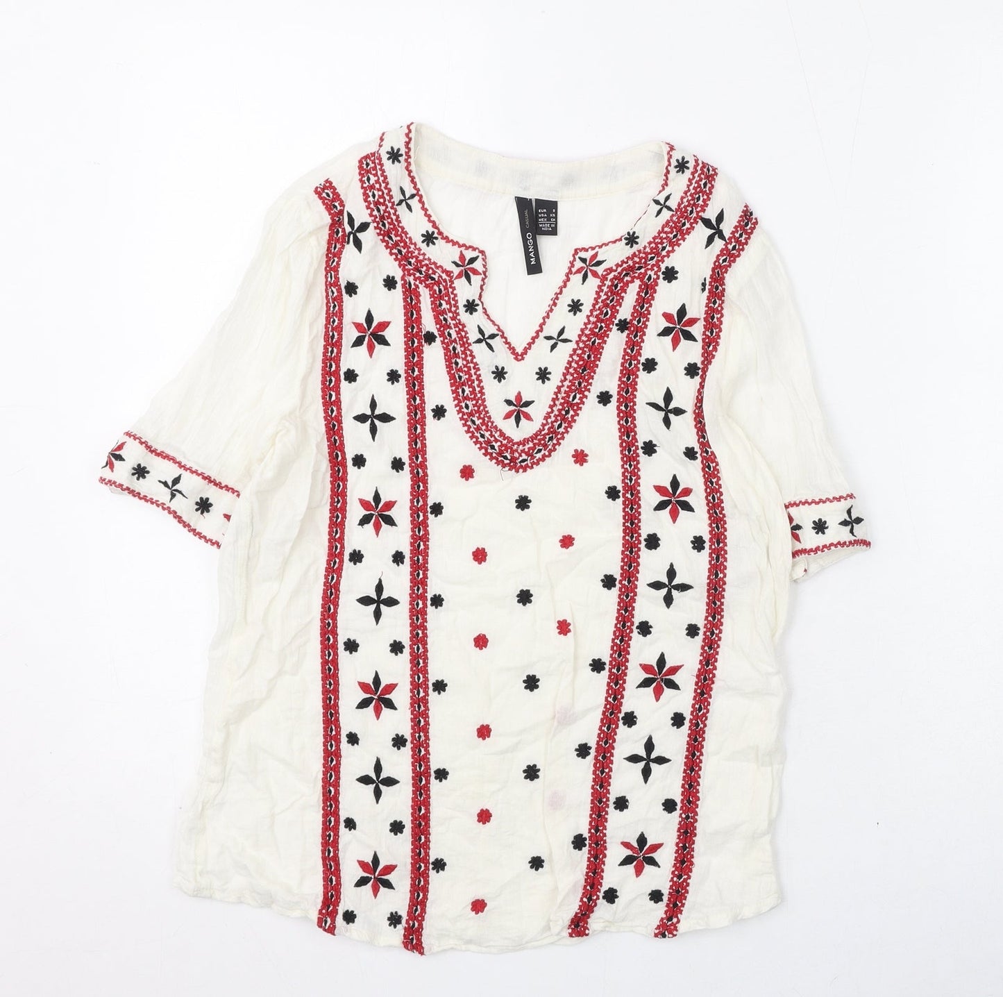 Marks and Spencer Womens Ivory Geometric Polyester Basic Blouse Size XS V-Neck - Embroidery