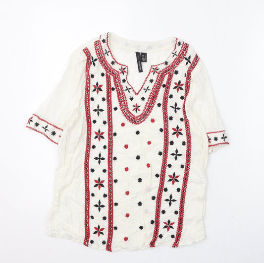Marks and Spencer Womens Ivory Geometric Polyester Basic Blouse Size XS V-Neck - Embroidery