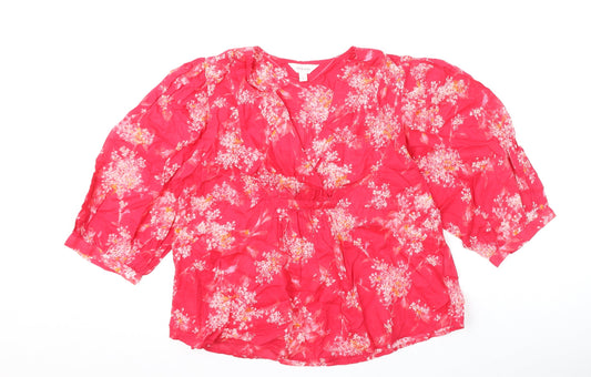 Per Una Womens Pink Floral Polyester Basic Blouse Size S V-Neck