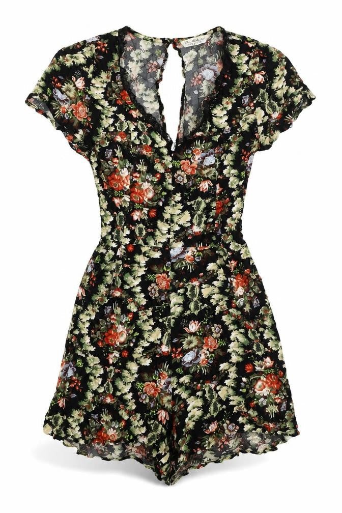 Miss Selfridge Womens Black Floral Viscose Romper One-Piece Size 10 Button - Lace Trim, Cut Out Back