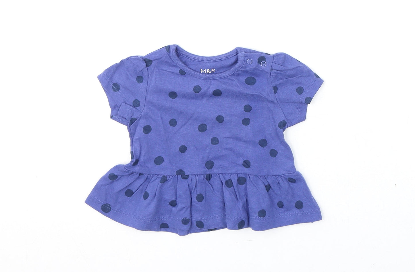 Marks and Spencer Girls Blue Polka Dot 100% Cotton Basic T-Shirt Size 0-3 Months Round Neck Snap