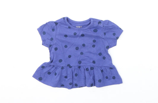 Marks and Spencer Girls Blue Polka Dot 100% Cotton Basic T-Shirt Size 0-3 Months Round Neck Snap