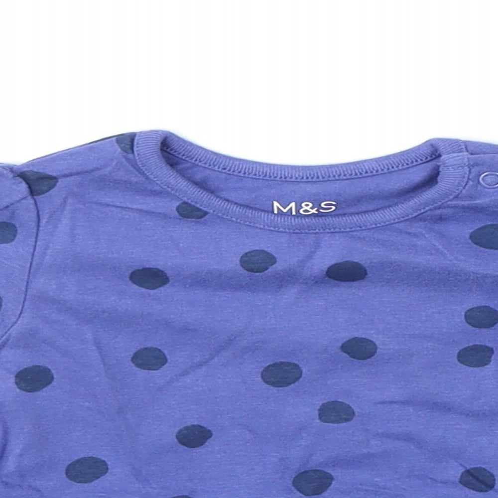 Marks and Spencer Girls Blue Polka Dot 100% Cotton Basic T-Shirt Size 0-3 Months Round Neck Snap