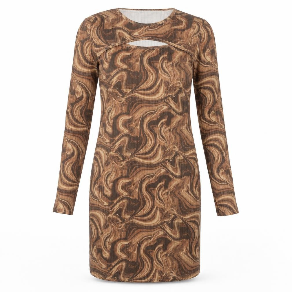 MODE-LL Womens Brown Geometric Polyester Bodycon Size 12 Round Neck Pullover - Swirl Pattern