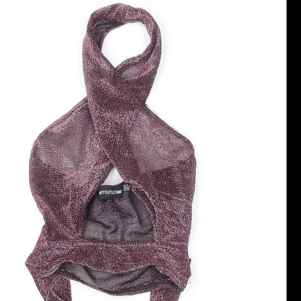 PRETTYLITTLETHING Womens Purple Polyester Cropped T-Shirt Size 4 Halter - Tie Detail, Glittery, Plunging Neckline