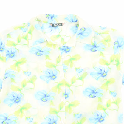 Close-up detail of Soon women’s multicoloured floral polyester basic button-up, size UK 12, collared