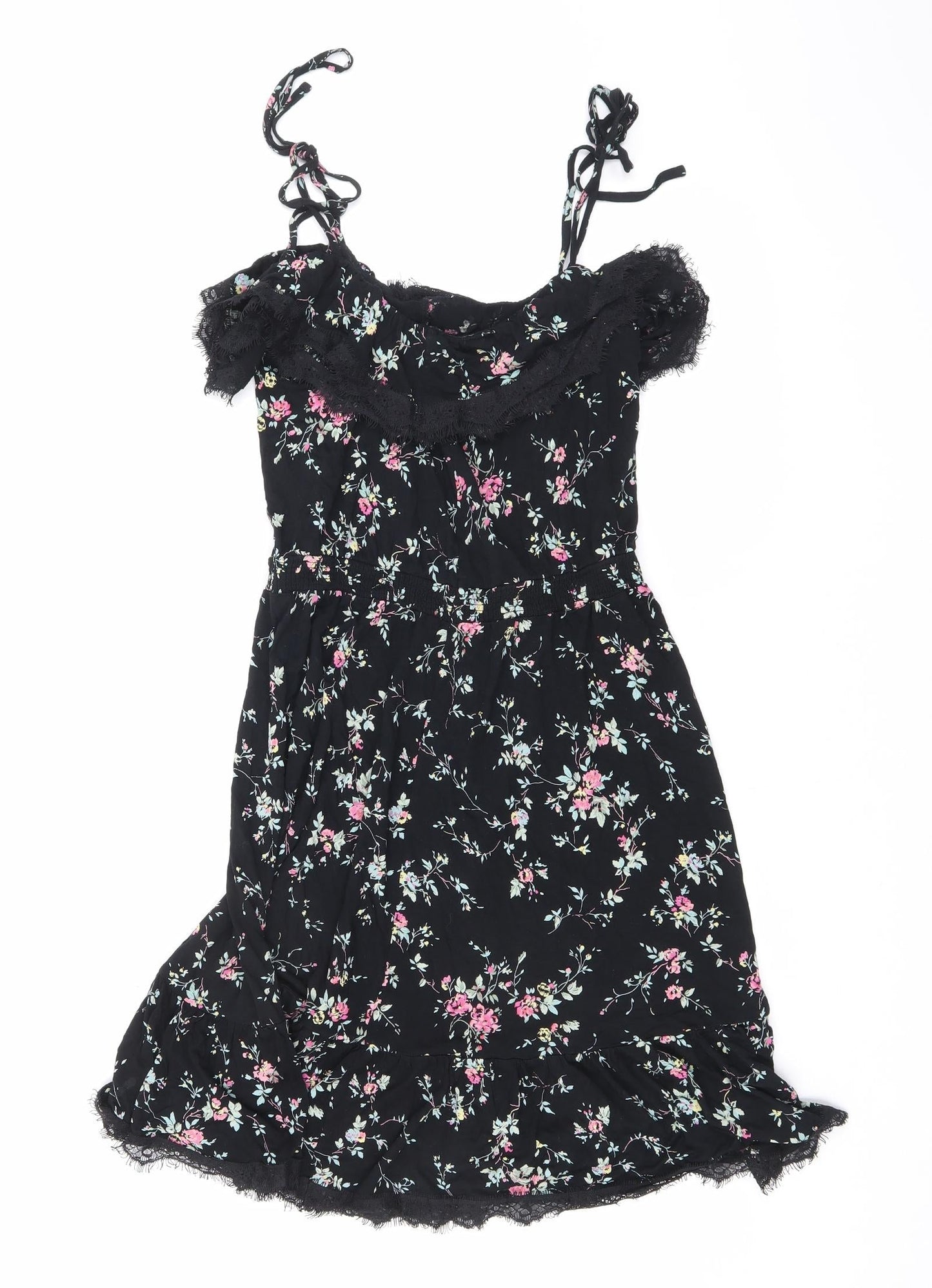 Oasis Womens Black Floral Viscose Mini Size M V-Neck Pullover
