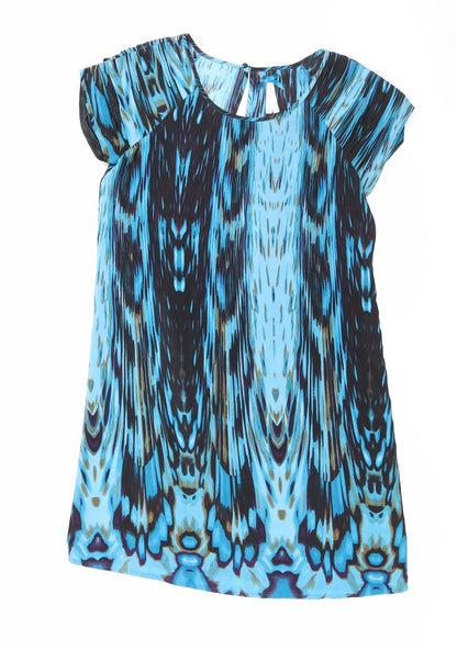 Next Womens Blue Geometric Polyester A-Line Size 12 Round Neck Button