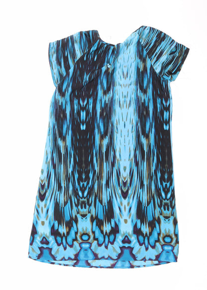 Next Womens Blue Geometric Polyester A-Line Size 12 Round Neck Button