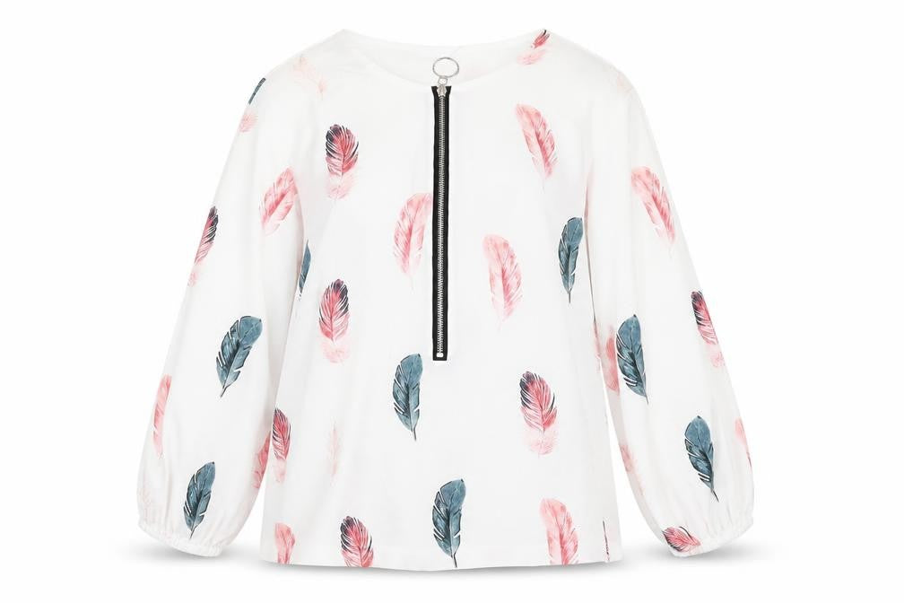 Chicme Womens Ivory Geometric Polyester Basic Blouse Size S Round Neck - Feathers