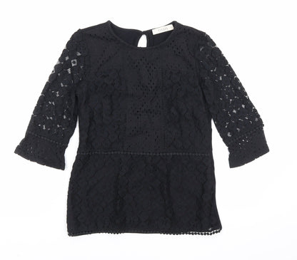 Oasis Womens Black Floral Polyamide Basic Blouse Size XS Round Neck