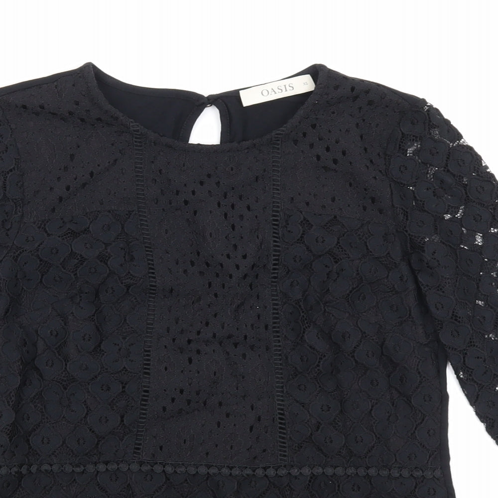 Oasis Womens Black Floral Polyamide Basic Blouse Size XS Round Neck