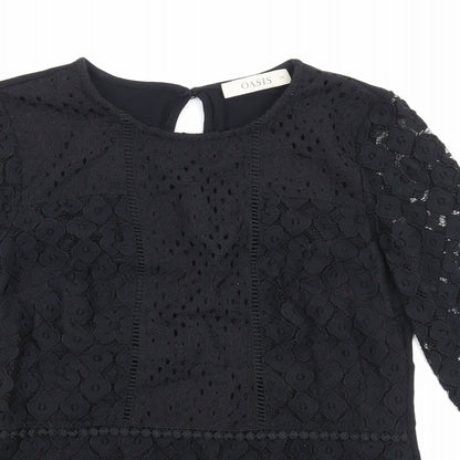 Oasis Womens Black Floral Polyamide Basic Blouse Size XS Round Neck