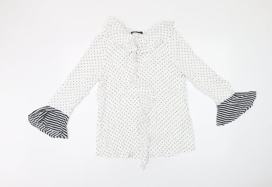 Marks and Spencer Womens White Polka Dot Viscose Basic T-Shirt Size 8 Round Neck