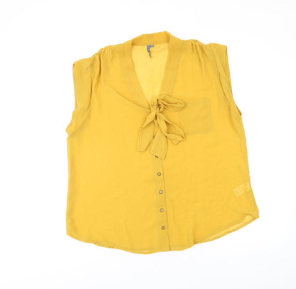 Additional front view of E-vie women’s yellow polyester basic blouse, size UK 14, v-neck