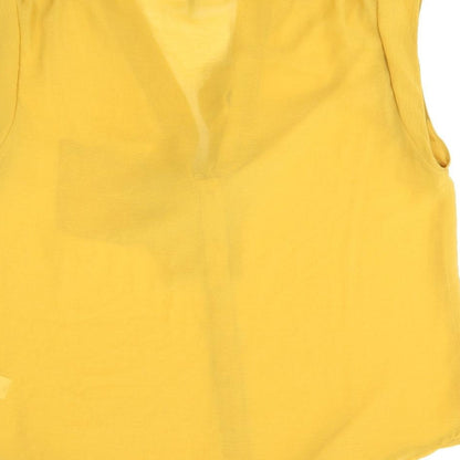 Brand and care label for E-vie women’s yellow polyester basic blouse, size UK 14, v-neck