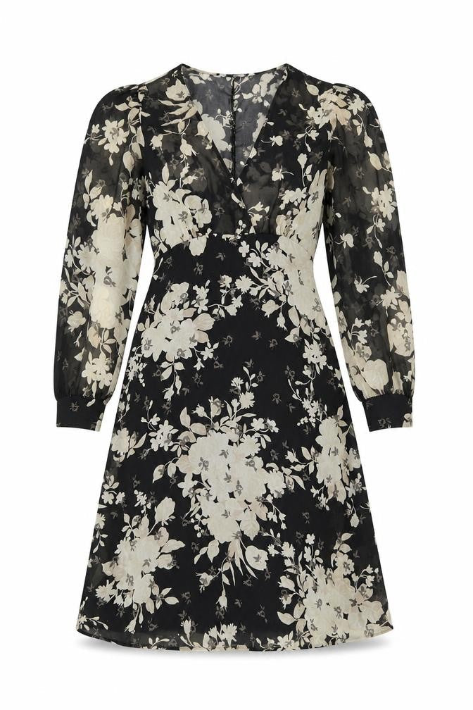 Zara Womens Black Floral Polyester A-Line Size XS V-Neck Zip