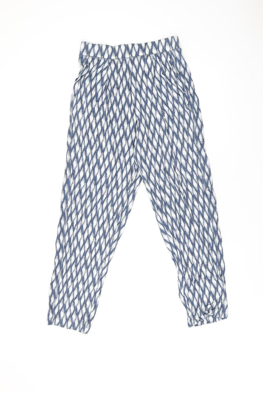 Marks and Spencer Womens Blue Geometric Viscose Trousers Size 6 L25 in Regular