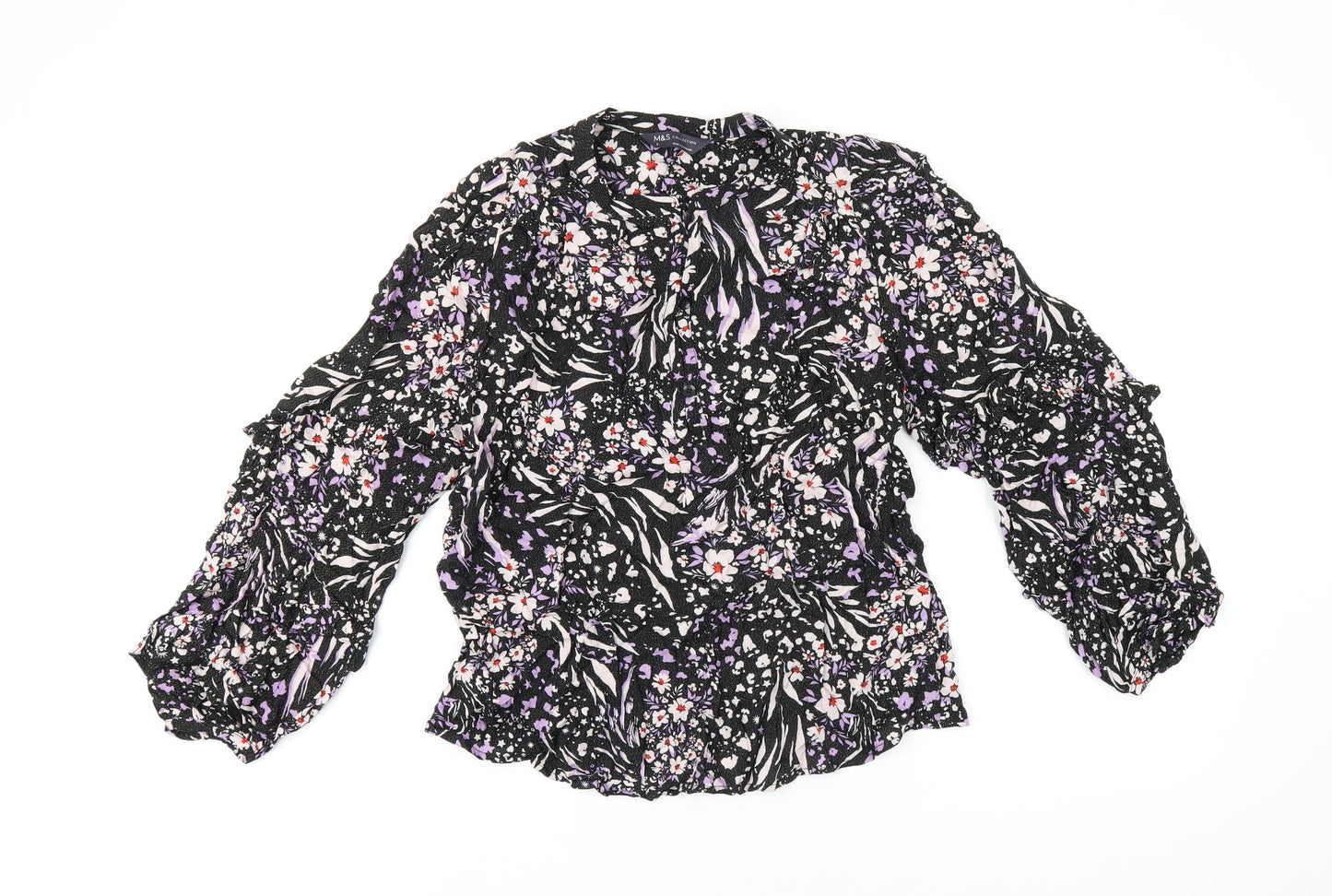 Marks and Spencer Womens Black Floral Viscose Basic T-Shirt Size 8 Round Neck