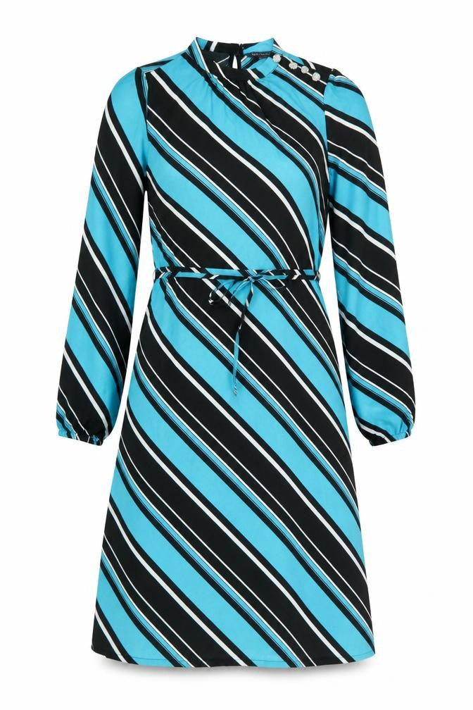 Marks & Spencer Womens Blue Striped Polyester A-Line Size 8 Round Neck Button - Belted