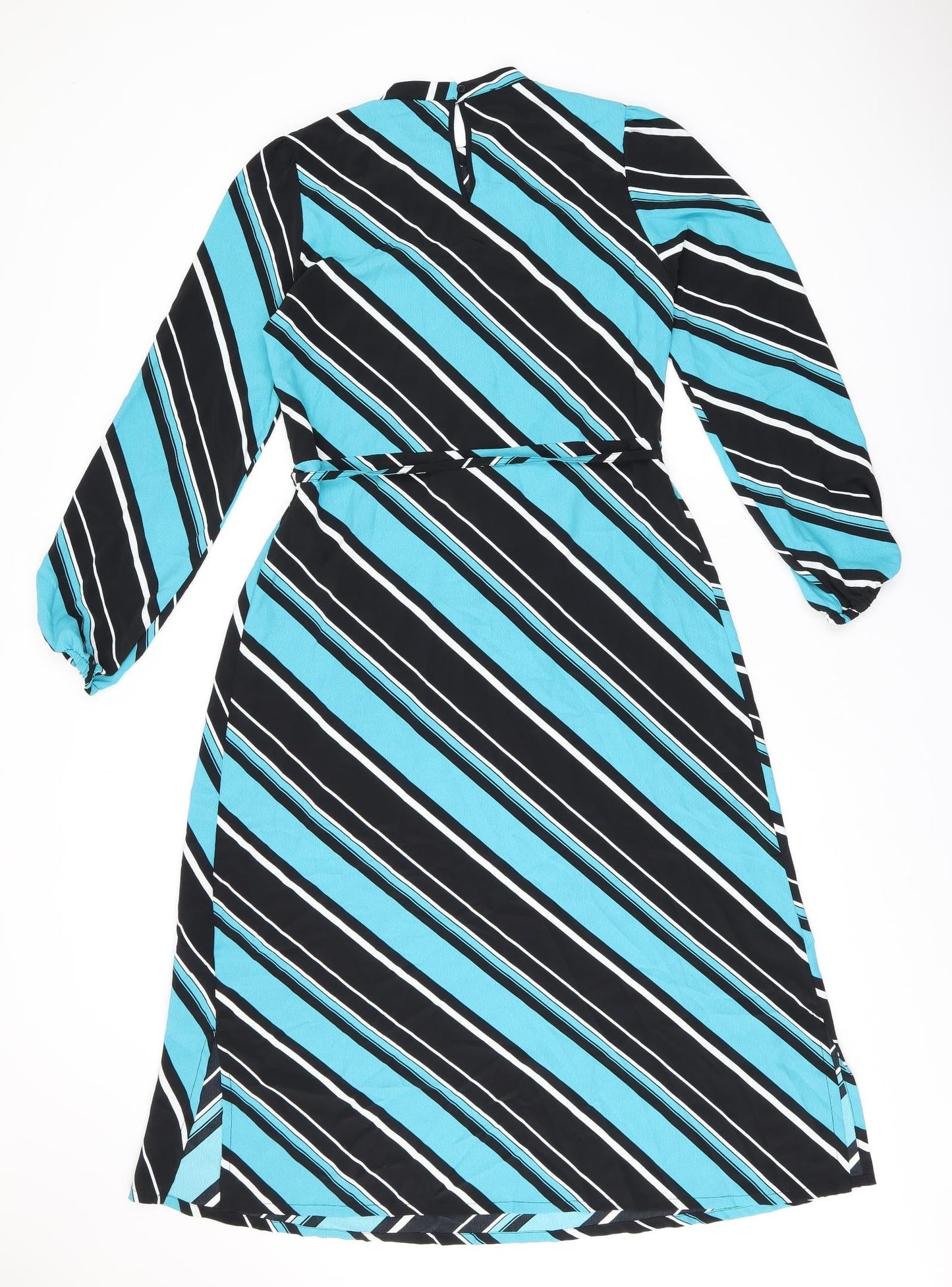 Marks and Spencer Womens Blue Striped Polyester A-Line Size 8 Round Neck Button - Belted