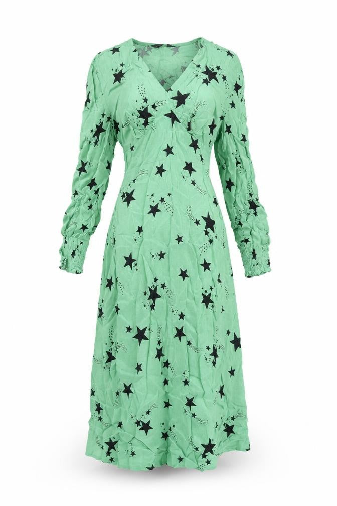 Marks & Spencer Womens Green Geometric Viscose A-Line Size 6 V-Neck Zip - Star Print