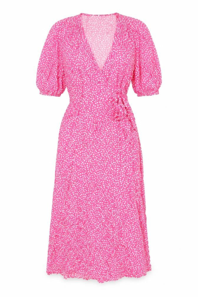 Marks & Spencer Womens Pink Geometric Viscose Wrap Dress Size 6 V-Neck Tie