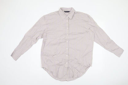 Marks & Spencer Womens Grey Striped Cotton Basic Button-Up Size 10 Collared