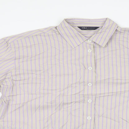 Marks & Spencer Womens Grey Striped Cotton Basic Button-Up Size 10 Collared