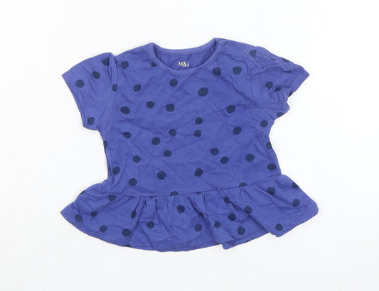Marks and Spencer Girls Blue Spotted 100% Cotton Basic T-Shirt Size 9-12 Months Round Neck