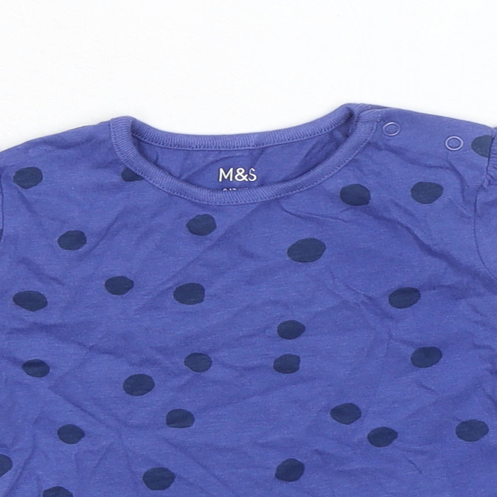 Marks and Spencer Girls Blue Spotted 100% Cotton Basic T-Shirt Size 9-12 Months Round Neck