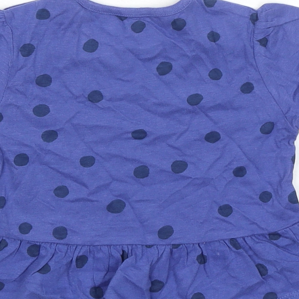Marks and Spencer Girls Blue Spotted 100% Cotton Basic T-Shirt Size 9-12 Months Round Neck