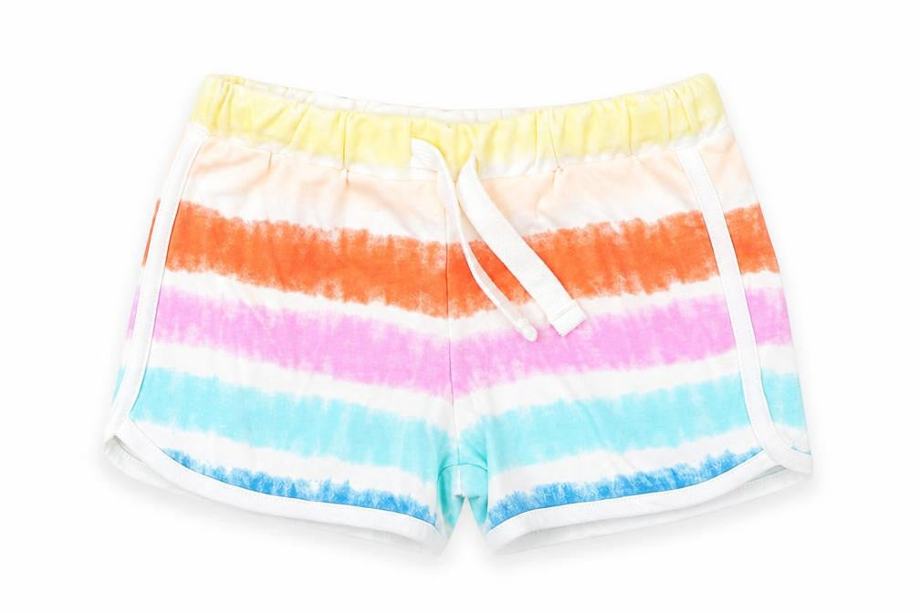 Marks & Spencer Girls Multicoloured Striped 100% Cotton Sweat Shorts Size 4-5 Years Regular Drawstring - Tie Dye, Waist 19in Inside Leg 19in