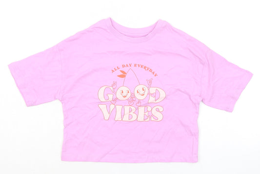 Marks and Spencer Girls Pink 100% Cotton Basic T-Shirt Size 6-7 Years Round Neck - Good Vibes