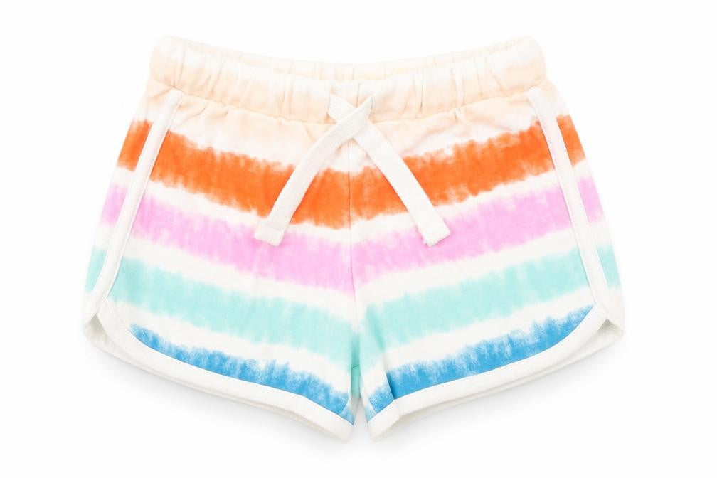 Marks & Spencer Girls Multicoloured Striped 100% Cotton Sweat Shorts Size 3-4 Years Regular Drawstring - Tie Dye, Waist 18in Inside Leg 2in