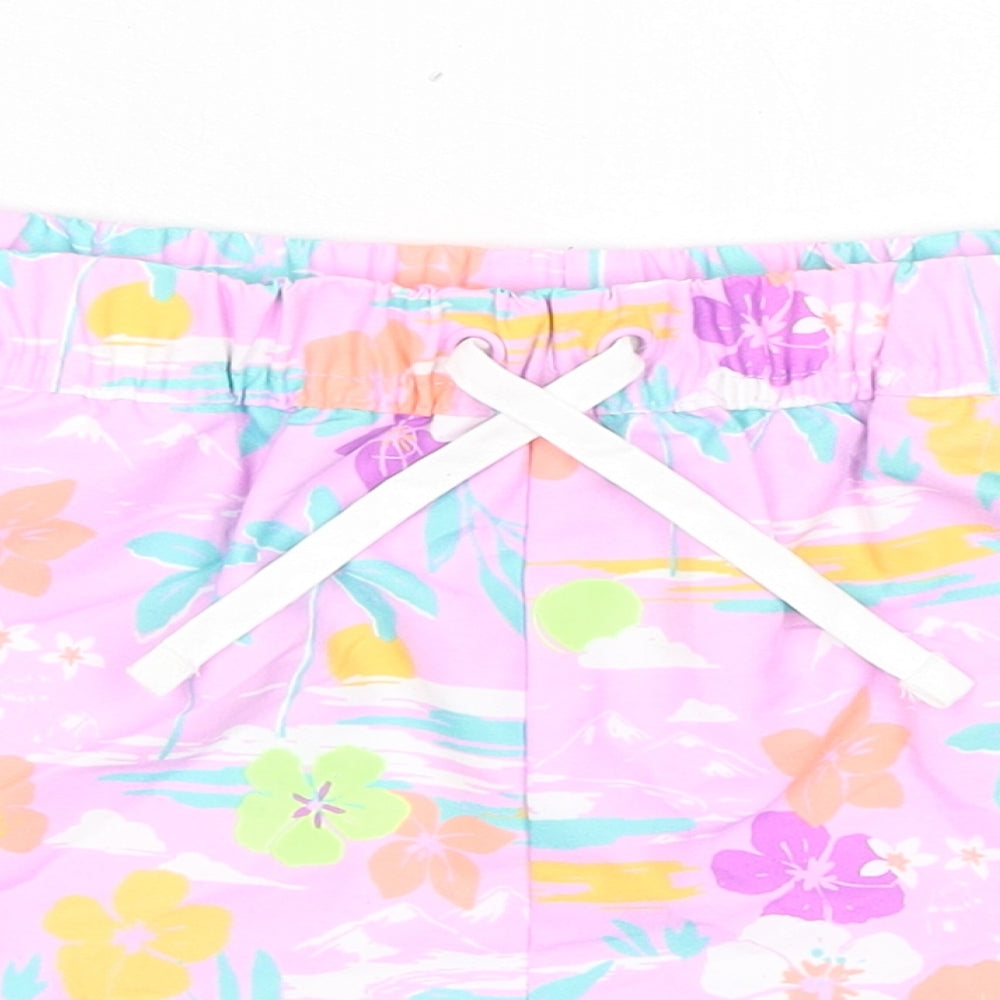 Marks and Spencer Girls Purple Floral 100% Polyester Bermuda Shorts Size 12-13 Years Regular Drawstring - Inside Leg 2in