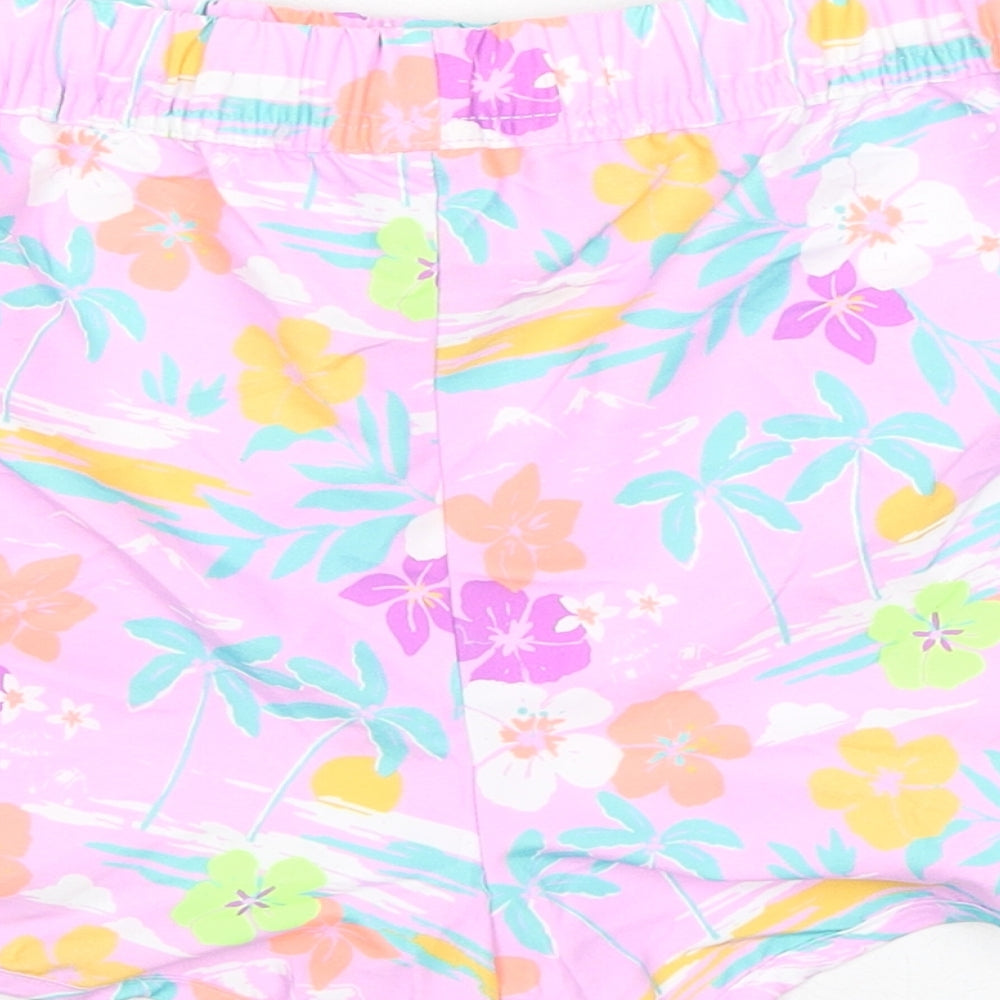 Marks and Spencer Girls Purple Floral 100% Polyester Bermuda Shorts Size 12-13 Years Regular Drawstring - Inside Leg 2in