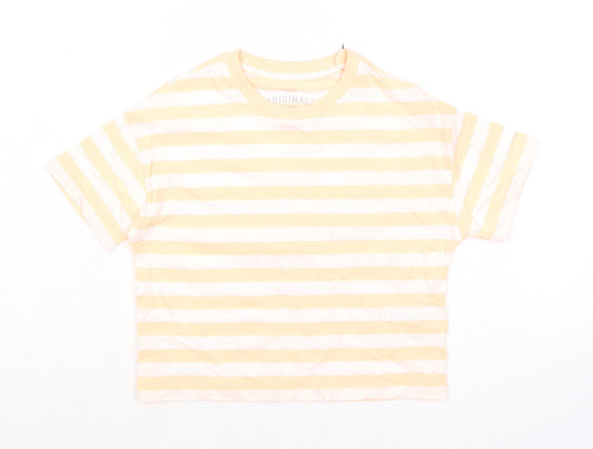 Marks and Spencer Girls Orange Striped Cotton Basic T-Shirt Size 7-8 Years Round Neck Pullover