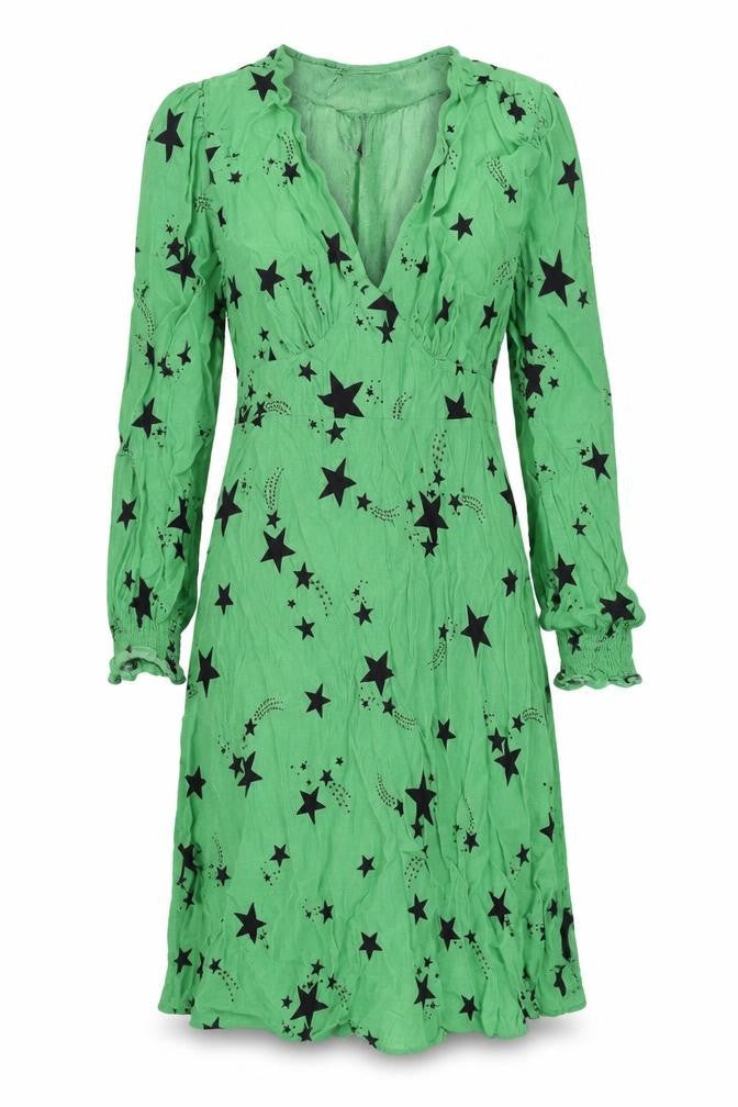Marks & Spencer Womens Green Geometric Viscose A-Line Size 10 V-Neck Zip - Star Print