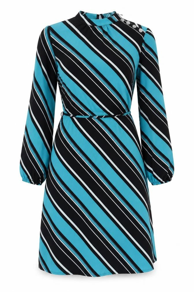 Marks & Spencer Womens Blue Striped Polyester A-Line Size 10 Mock Neck Button