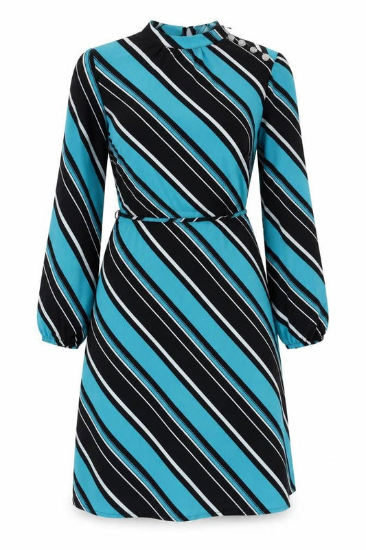 Marks & Spencer Womens Blue Striped Polyester A-Line Size 10 Mock Neck Button