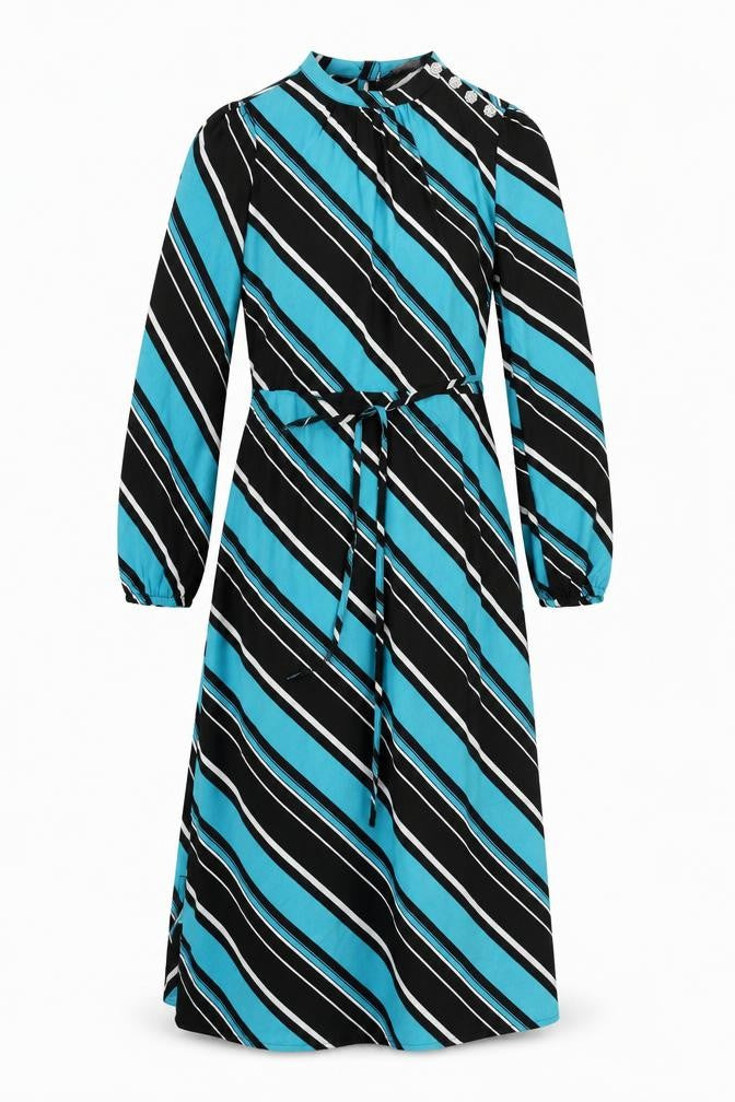 Marks & Spencer Womens Blue Striped Polyester A-Line Size 10 Mock Neck Button