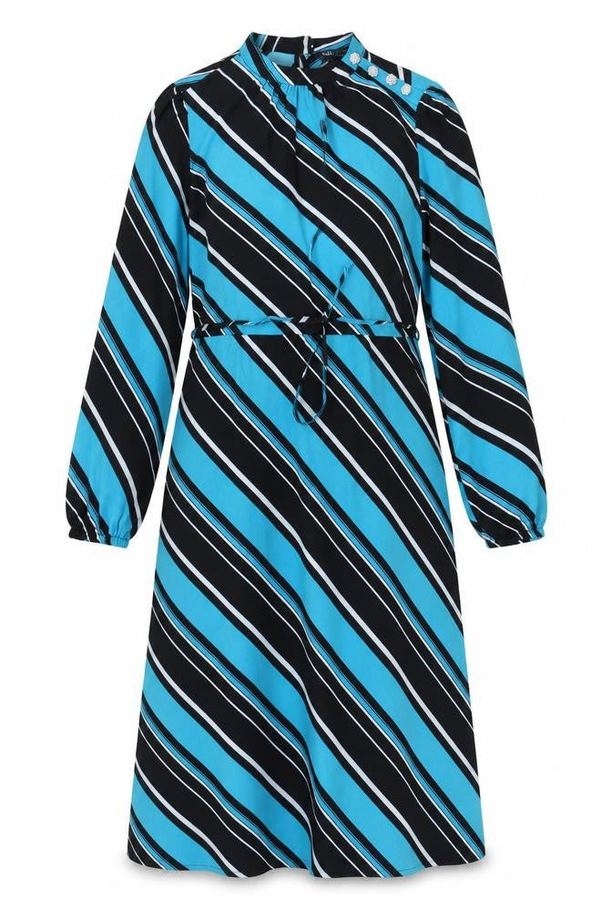 Marks & Spencer Womens Blue Striped Polyester A-Line Size 10 Mock Neck Button