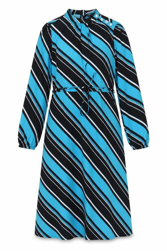 Marks & Spencer Womens Blue Striped Polyester A-Line Size 10 Mock Neck Button